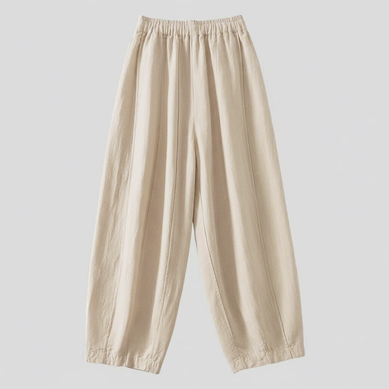 Buddha Stones Pantaloni corti estivi casual semplici con coulisse in cotone e lino tinta unita da donna, modello harem con tasca - image 1
