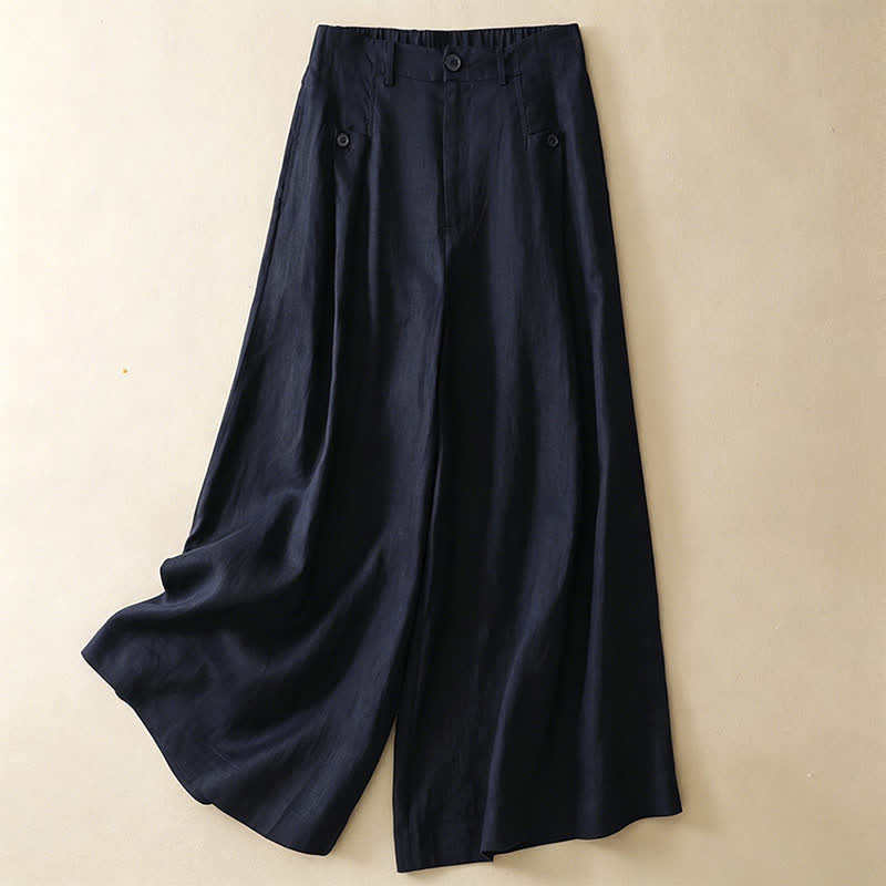 Pantaloni da donna a gamba larga con tasche, eleganti e casual estivi, in cotone ramie tinta unita, con bottoni e stampa Buddha Stones. - Blu notte - US8-10, UK/AU12-14, EU40-42 (2XL) - image 7