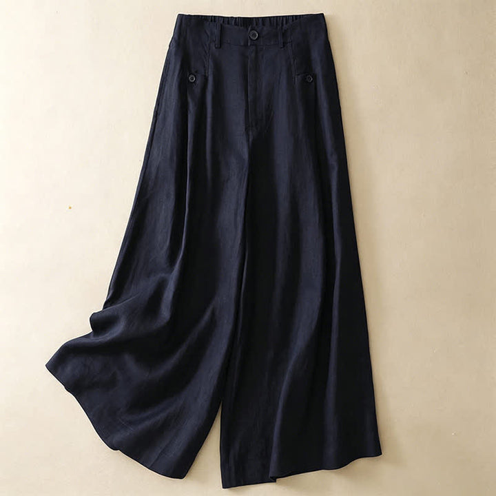 Pantaloni da donna a gamba larga con tasche, eleganti e casual estivi, in cotone ramie tinta unita, con bottoni e stampa Buddha Stones. - Blu notte - US8-10, UK/AU12-14, EU40-42 (2XL) - image 7
