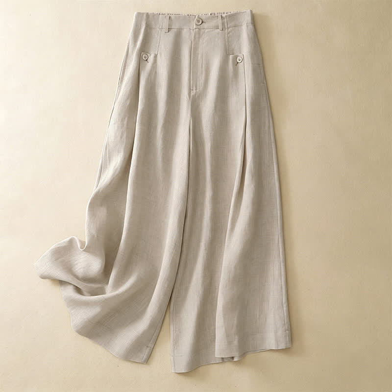 Pantaloni da donna a gamba larga con tasche, eleganti e casual estivi, in cotone ramie tinta unita, con bottoni e stampa Buddha Stones. - Beige - US8-10, UK/AU12-14, EU40-42 (2XL) - image 0