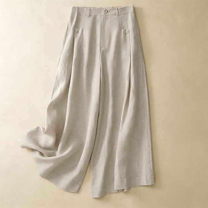 Pantaloni da donna a gamba larga con tasche, eleganti e casual estivi, in cotone ramie tinta unita, con bottoni e stampa Buddha Stones. - Beige - US8-10, UK/AU12-14, EU40-42 (2XL) - image 0
