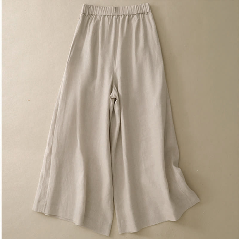 Pantaloni da donna a gamba larga con tasche, eleganti e casual estivi, in cotone ramie tinta unita, con bottoni e stampa Buddha Stones. - image 1