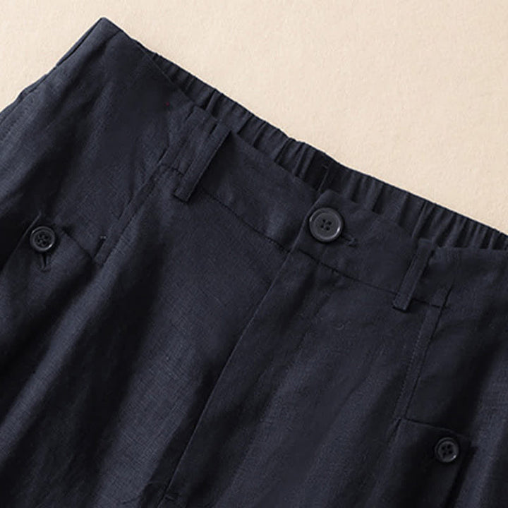 Pantaloni da donna a gamba larga con tasche, eleganti e casual estivi, in cotone ramie tinta unita, con bottoni e stampa Buddha Stones. - image 8