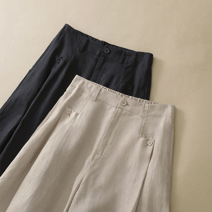 Pantaloni da donna a gamba larga con tasche, eleganti e casual estivi, in cotone ramie tinta unita, con bottoni e stampa Buddha Stones. - image 12