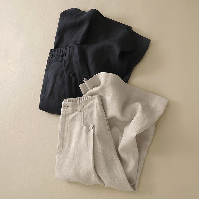 Pantaloni da donna a gamba larga con tasche, eleganti e casual estivi, in cotone ramie tinta unita, con bottoni e stampa Buddha Stones. - image 11