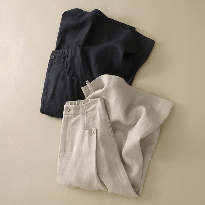 Pantaloni da donna a gamba larga con tasche, eleganti e casual estivi, in cotone ramie tinta unita, con bottoni e stampa Buddha Stones. - image 11
