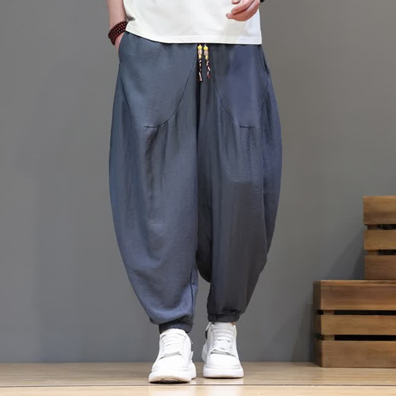 Buddha Stones Pantaloni corti da uomo estivi casual vintage con coulisse in cotone tinta unita, modello harem con tasca - Grigio ardesia - US/UK/AU46, EU56 (5XL) - image 0