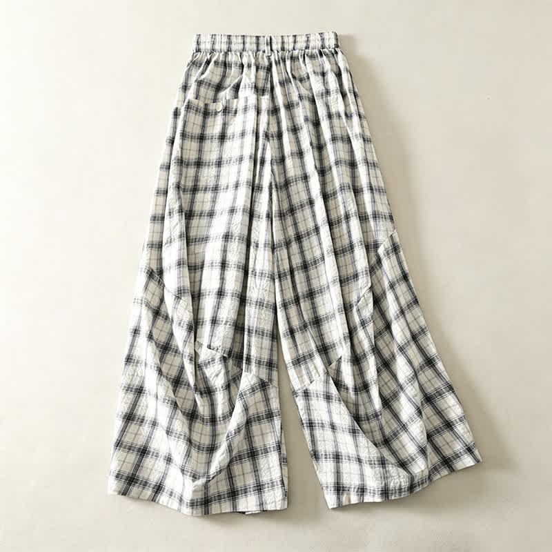 Buddha Stones Pantaloni lunghi estivi casual a quadri da donna, modello affusolato con tasche - image 1