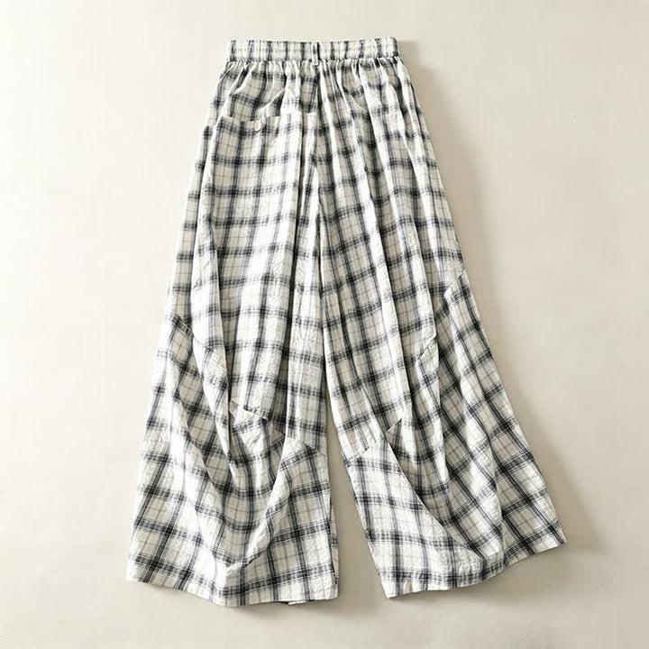 Buddha Stones Pantaloni lunghi estivi casual a quadri da donna, modello affusolato con tasche - image 1