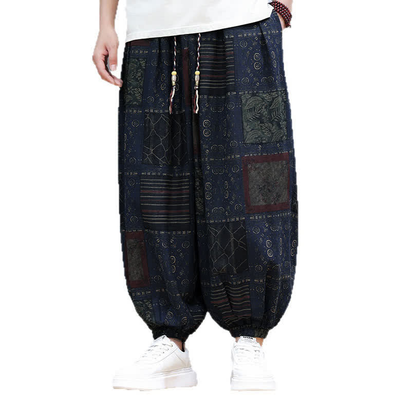 Buddha Stones Pantaloni corti da uomo estivi in ​​stile boho casual con coulisse e motivo geometrico, modello harem con tasca. - image 4