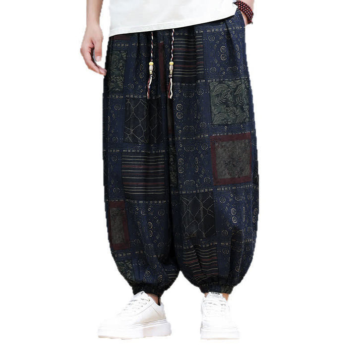 Buddha Stones Pantaloni corti da uomo estivi in ​​stile boho casual con coulisse e motivo geometrico, modello harem con tasca. - image 4