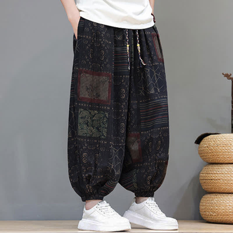 Buddha Stones Pantaloni corti da uomo estivi in ​​stile boho casual con coulisse e motivo geometrico, modello harem con tasca. - image 43