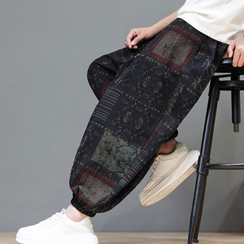 Buddha Stones Pantaloni corti da uomo estivi in ​​stile boho casual con coulisse e motivo geometrico, modello harem con tasca. - image 42
