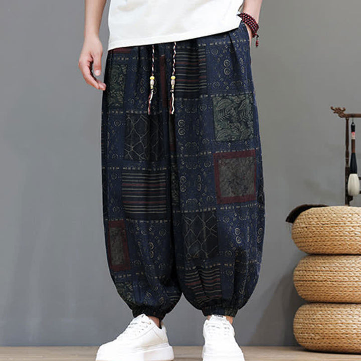 Buddha Stones Pantaloni corti da uomo estivi in ​​stile boho casual con coulisse e motivo geometrico, modello harem con tasca. - image 7