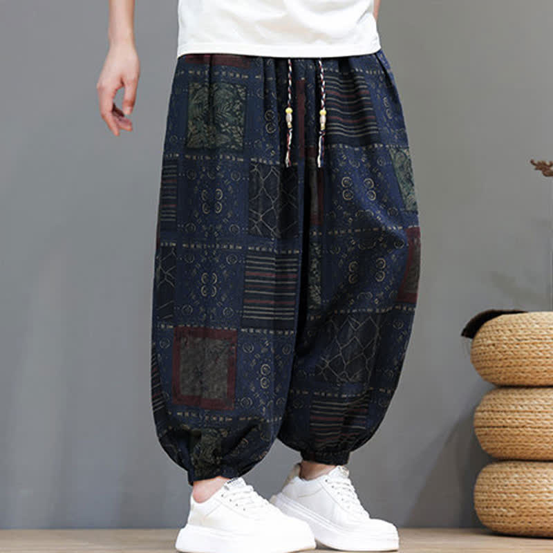 Buddha Stones Pantaloni corti da uomo estivi in ​​stile boho casual con coulisse e motivo geometrico, modello harem con tasca. - image 1