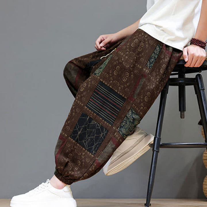Buddha Stones Pantaloni corti da uomo estivi in ​​stile boho casual con coulisse e motivo geometrico, modello harem con tasca. - image 16