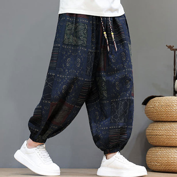 Buddha Stones Pantaloni corti da uomo estivi in ​​stile boho casual con coulisse e motivo geometrico, modello harem con tasca. - image 8