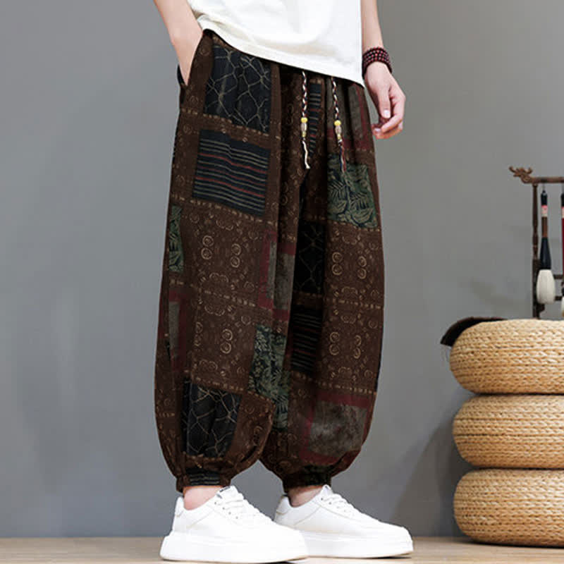 Buddha Stones Pantaloni corti da uomo estivi in ​​stile boho casual con coulisse e motivo geometrico, modello harem con tasca. - image 18