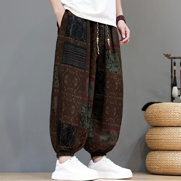Buddha Stones Pantaloni corti da uomo estivi in ​​stile boho casual con coulisse e motivo geometrico, modello harem con tasca. - image 18