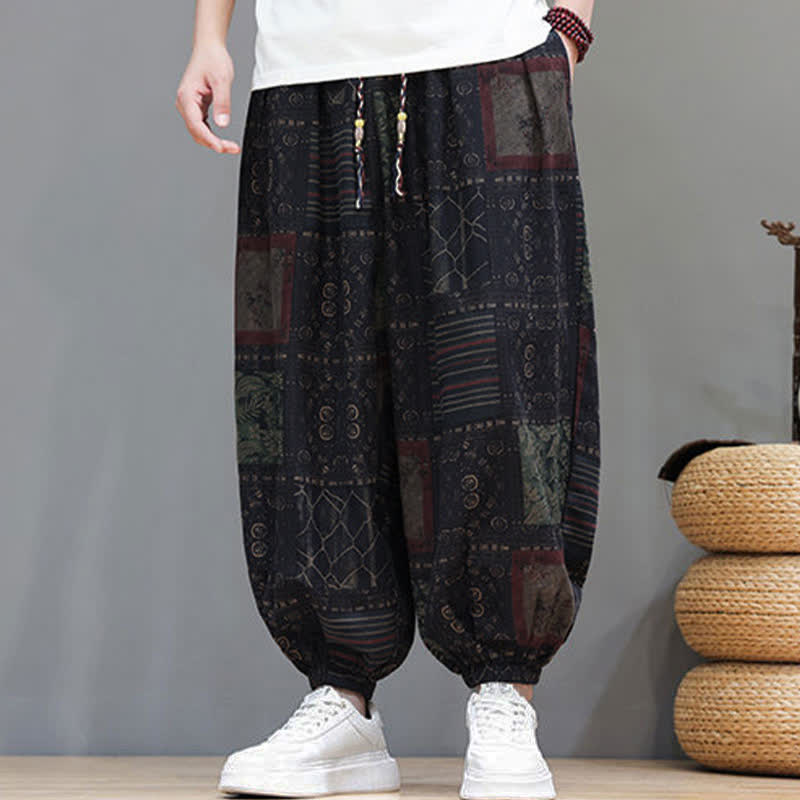 Buddha Stones Pantaloni corti da uomo estivi in ​​stile boho casual con coulisse e motivo geometrico, modello harem con tasca. - image 44