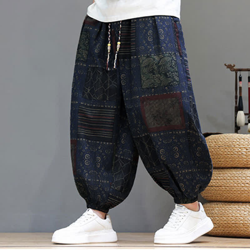 Buddha Stones Pantaloni corti da uomo estivi in ​​stile boho casual con coulisse e motivo geometrico, modello harem con tasca. - Blu notte - US/UK/AU46, EU56 (5XL) - image 0