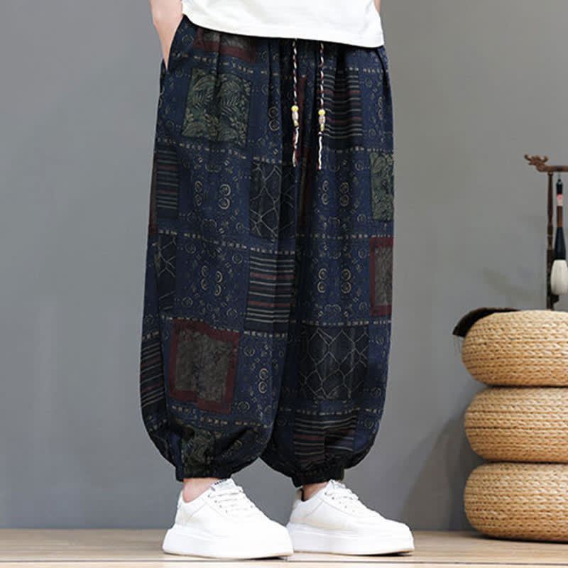 Buddha Stones Pantaloni corti da uomo estivi in ​​stile boho casual con coulisse e motivo geometrico, modello harem con tasca. - image 3