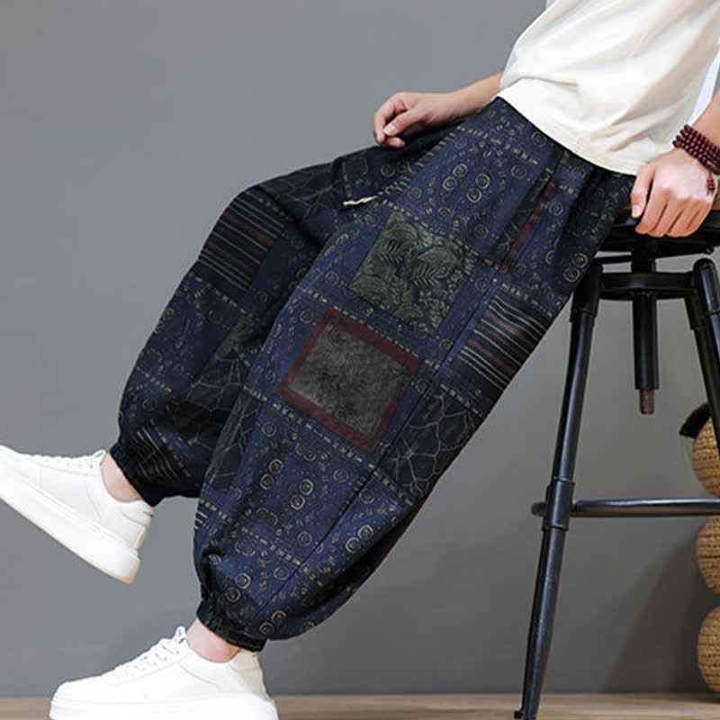 Buddha Stones Pantaloni corti da uomo estivi in ​​stile boho casual con coulisse e motivo geometrico, modello harem con tasca. - image 5