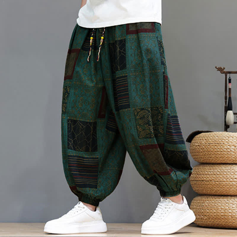 Buddha Stones Pantaloni corti da uomo estivi in ​​stile boho casual con coulisse e motivo geometrico, modello harem con tasca. - Cadetto Blu - US/UK/AU46, EU56 (5XL) - image 19