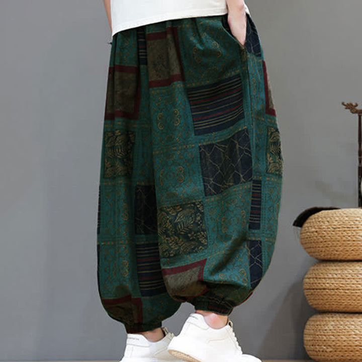 Buddha Stones Pantaloni corti da uomo estivi in ​​stile boho casual con coulisse e motivo geometrico, modello harem con tasca. - image 24
