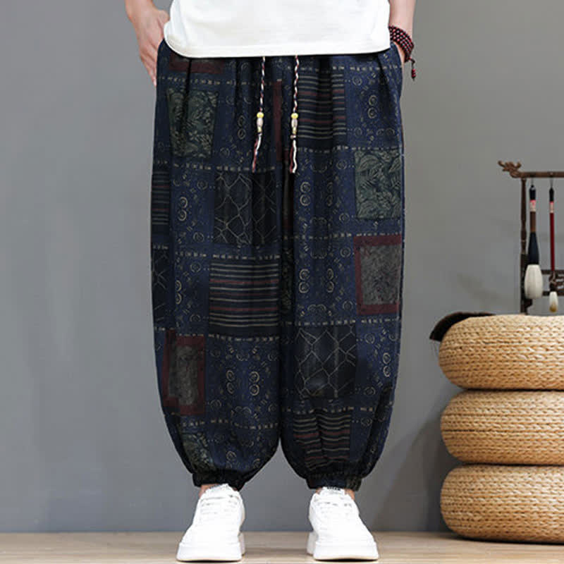 Buddha Stones Pantaloni corti da uomo estivi in ​​stile boho casual con coulisse e motivo geometrico, modello harem con tasca. - image 45