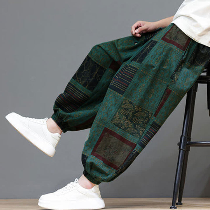 Buddha Stones Pantaloni corti da uomo estivi in ​​stile boho casual con coulisse e motivo geometrico, modello harem con tasca. - image 25