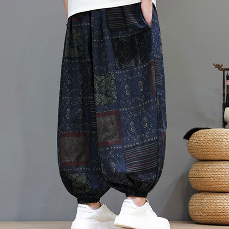 Buddha Stones Pantaloni corti da uomo estivi in ​​stile boho casual con coulisse e motivo geometrico, modello harem con tasca. - image 6