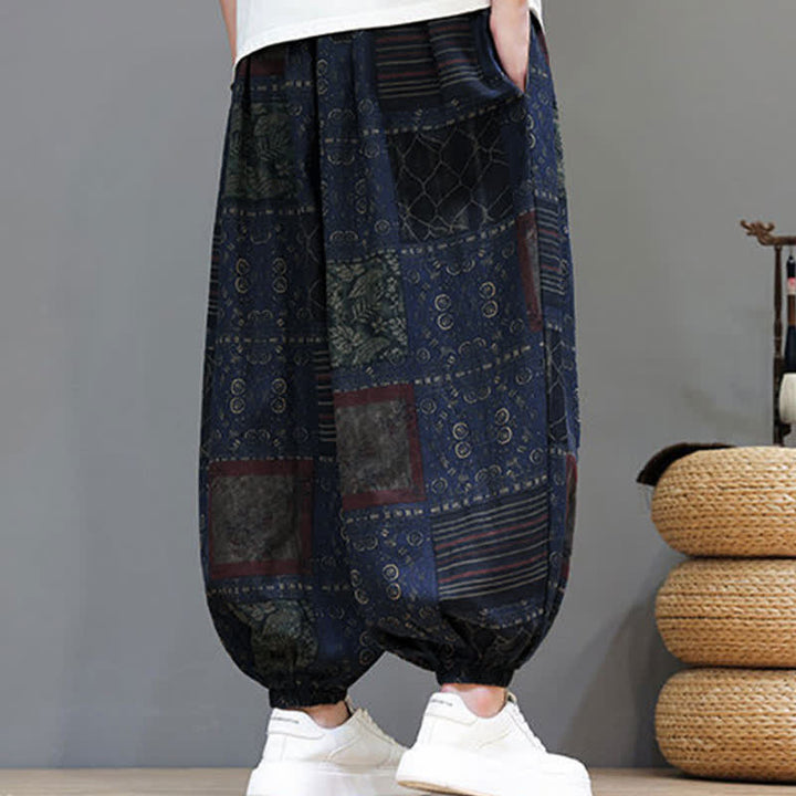 Buddha Stones Pantaloni corti da uomo estivi in ​​stile boho casual con coulisse e motivo geometrico, modello harem con tasca. - image 6