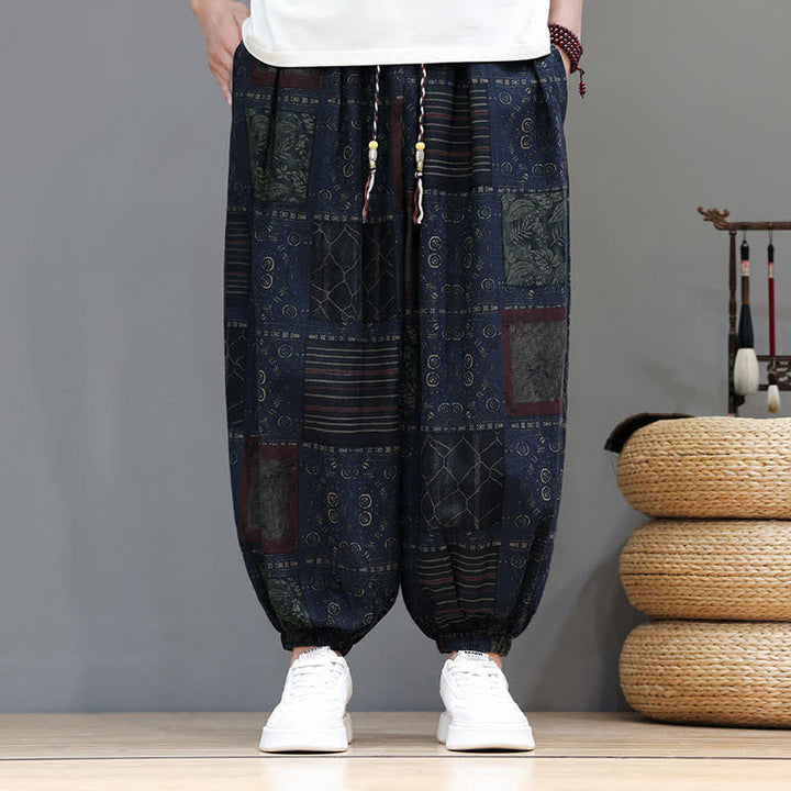 Buddha Stones Pantaloni corti da uomo estivi in ​​stile boho casual con coulisse e motivo geometrico, modello harem con tasca. - image 46