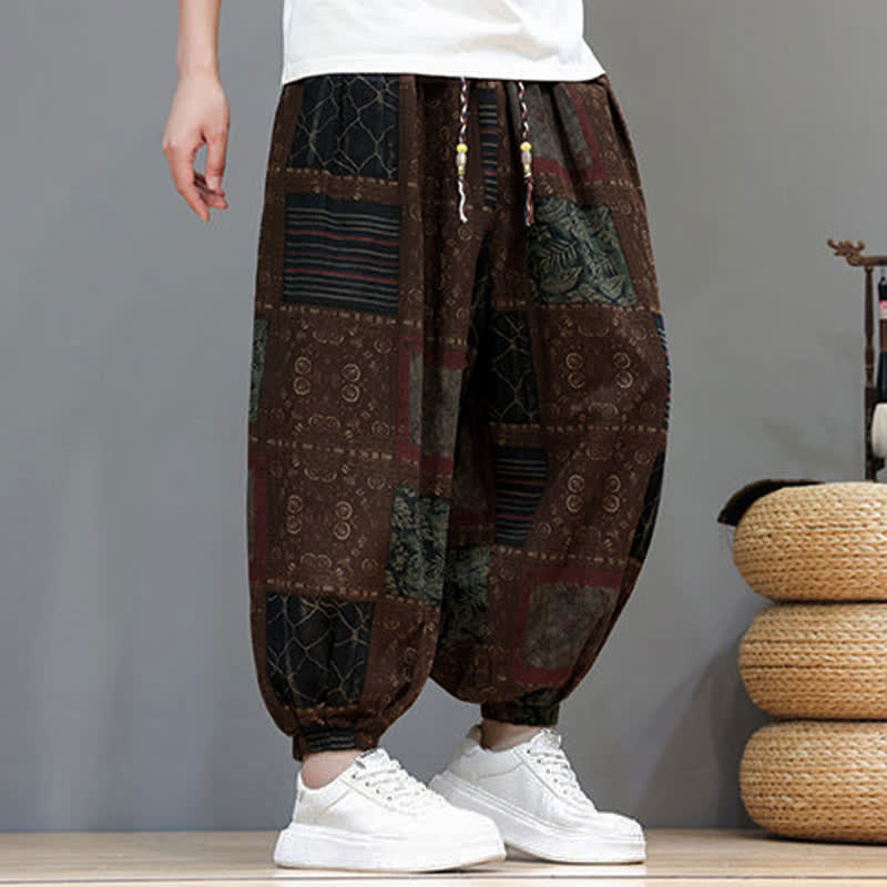 Buddha Stones Pantaloni corti da uomo estivi in ​​stile boho casual con coulisse e motivo geometrico, modello harem con tasca. - image 13