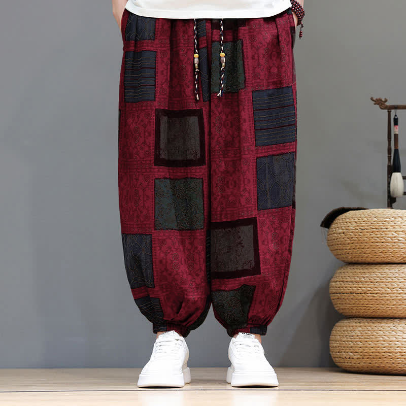 Buddha Stones Pantaloni corti da uomo estivi in ​​stile boho casual con coulisse e motivo geometrico, modello harem con tasca. - image 40