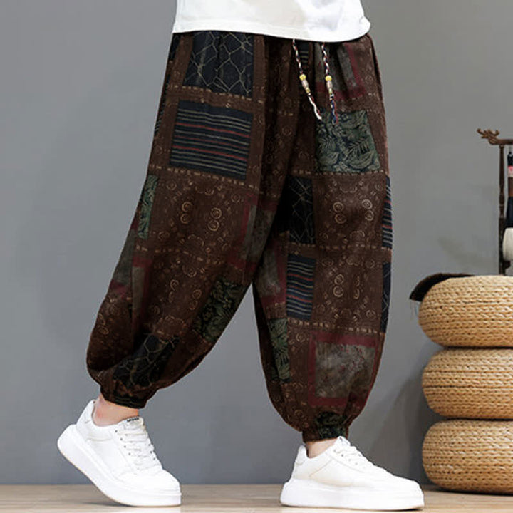Buddha Stones Pantaloni corti da uomo estivi in ​​stile boho casual con coulisse e motivo geometrico, modello harem con tasca. - image 14