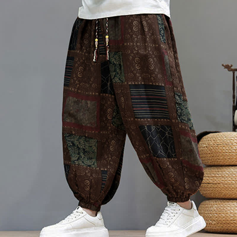 Buddha Stones Pantaloni corti da uomo estivi in ​​stile boho casual con coulisse e motivo geometrico, modello harem con tasca. - Siena - US/UK/AU46, EU56 (5XL) - image 9