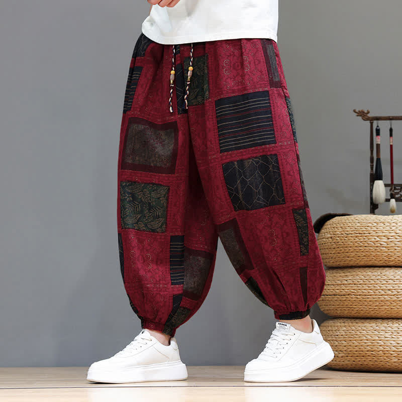 Buddha Stones Pantaloni corti da uomo estivi in ​​stile boho casual con coulisse e motivo geometrico, modello harem con tasca. - FireBrick - US/UK/AU46, EU56 (5XL) - image 31