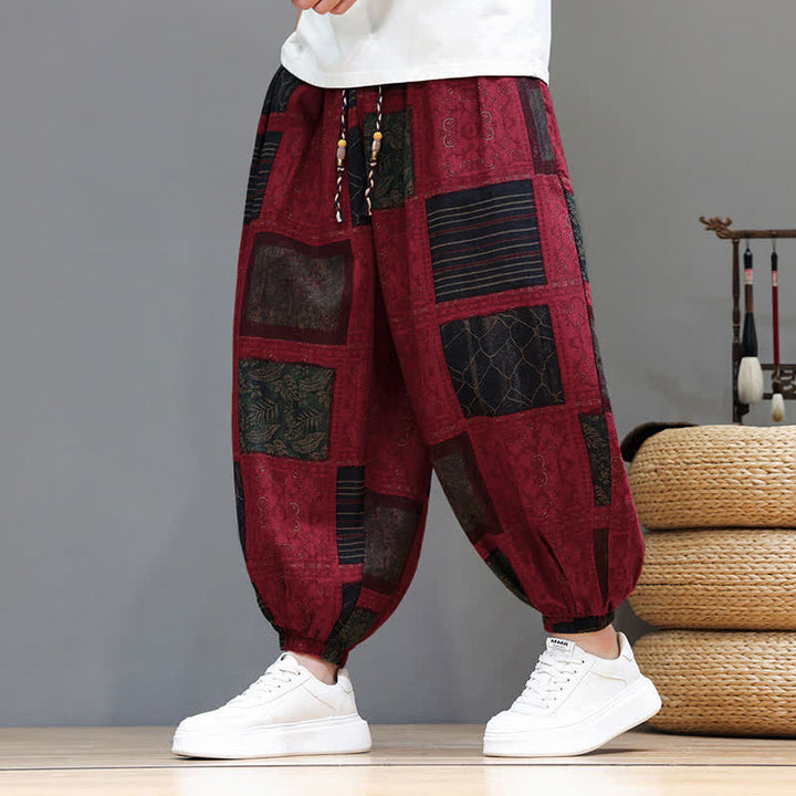 Buddha Stones Pantaloni corti da uomo estivi in ​​stile boho casual con coulisse e motivo geometrico, modello harem con tasca. - FireBrick - US/UK/AU46, EU56 (5XL) - image 31
