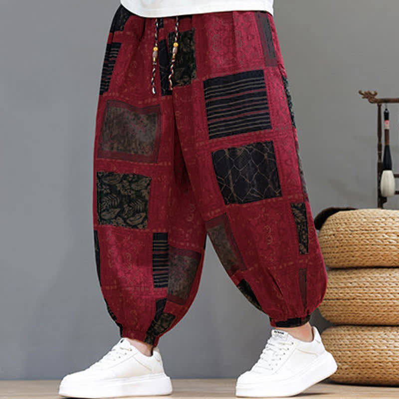Buddha Stones Pantaloni corti da uomo estivi in ​​stile boho casual con coulisse e motivo geometrico, modello harem con tasca. - image 39