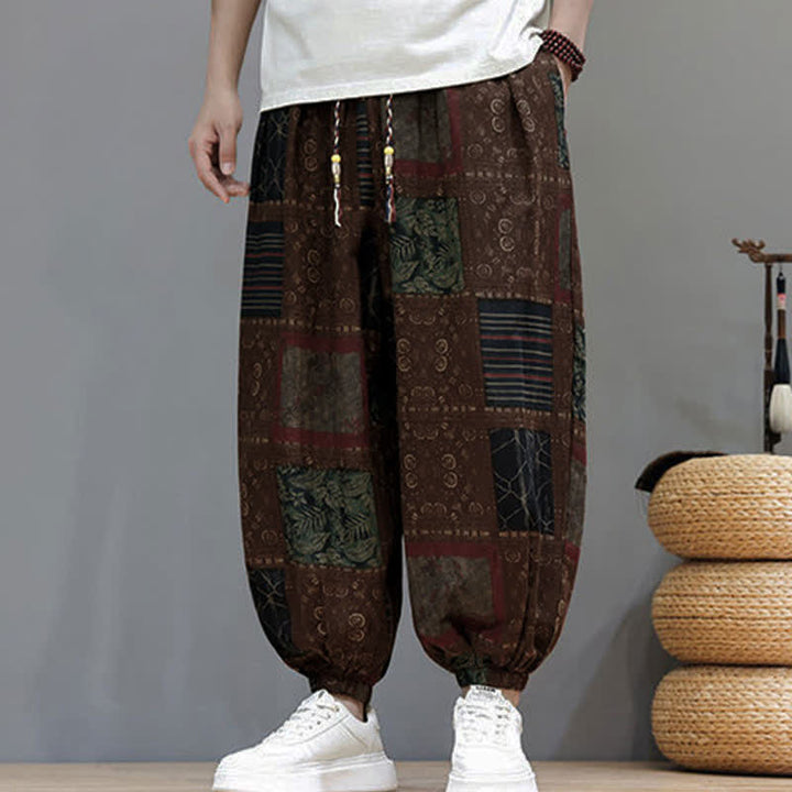 Buddha Stones Pantaloni corti da uomo estivi in ​​stile boho casual con coulisse e motivo geometrico, modello harem con tasca. - image 12