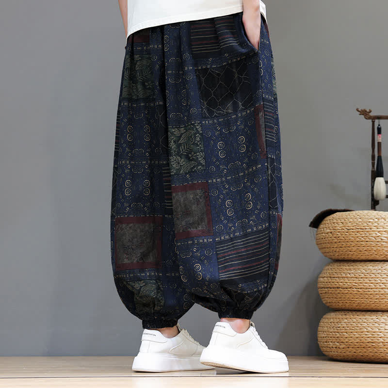 Buddha Stones Pantaloni corti da uomo estivi in ​​stile boho casual con coulisse e motivo geometrico, modello harem con tasca. - image 2