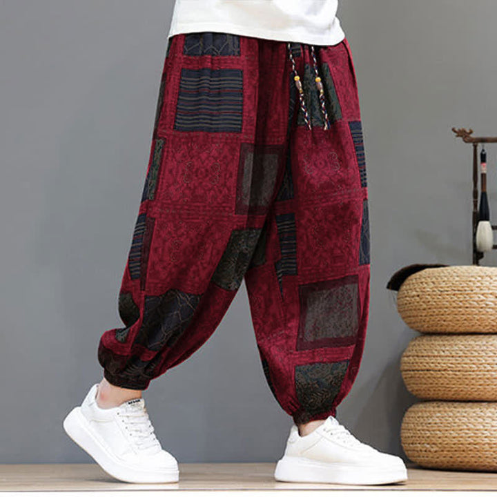 Buddha Stones Pantaloni corti da uomo estivi in ​​stile boho casual con coulisse e motivo geometrico, modello harem con tasca. - image 35