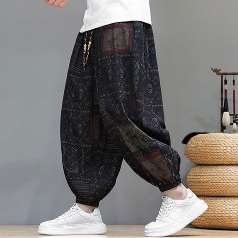 Buddha Stones Pantaloni corti da uomo estivi in ​​stile boho casual con coulisse e motivo geometrico, modello harem con tasca. - Nero - US/UK/AU46, EU56 (5XL) - image 41