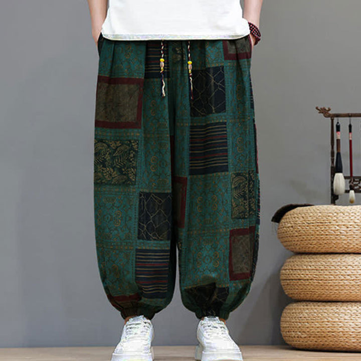 Buddha Stones Pantaloni corti da uomo estivi in ​​stile boho casual con coulisse e motivo geometrico, modello harem con tasca. - image 23