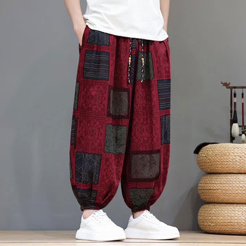 Buddha Stones Pantaloni corti da uomo estivi in ​​stile boho casual con coulisse e motivo geometrico, modello harem con tasca. - image 32