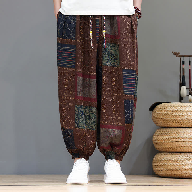 Buddha Stones Pantaloni corti da uomo estivi in ​​stile boho casual con coulisse e motivo geometrico, modello harem con tasca. - image 10