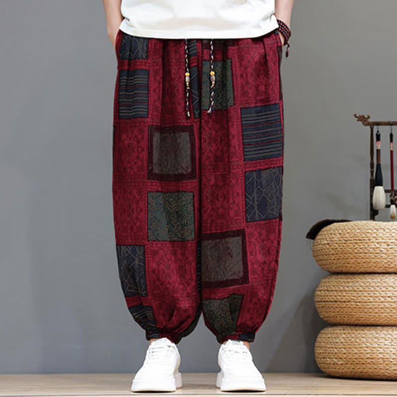 Buddha Stones Pantaloni corti da uomo estivi in ​​stile boho casual con coulisse e motivo geometrico, modello harem con tasca. - image 36