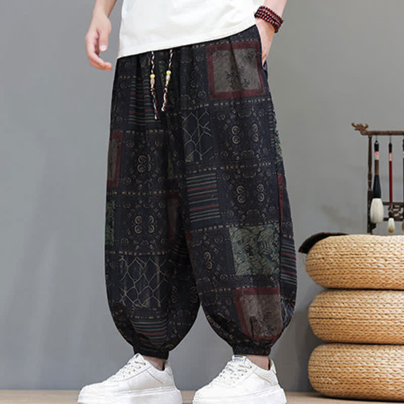 Buddha Stones Pantaloni corti da uomo estivi in ​​stile boho casual con coulisse e motivo geometrico, modello harem con tasca. - image 50